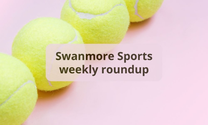 Image shows 4 tennis balls lined up diagnally from bottom left to top right on a pink background with the words Swanmore Sports weekly roundup